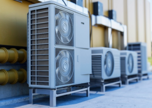 Close-up view of an outdoor heat pump unit installed outside a home, showing its components and installation.