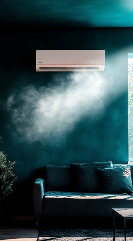 Wall-mounted air conditioning unit blowing cool air into a room.