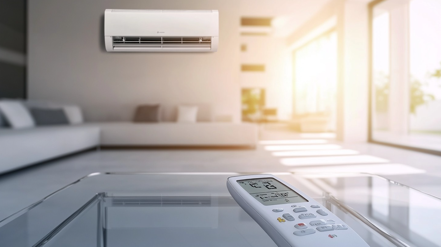 Air conditioning unit with a remote control in a modern living room.