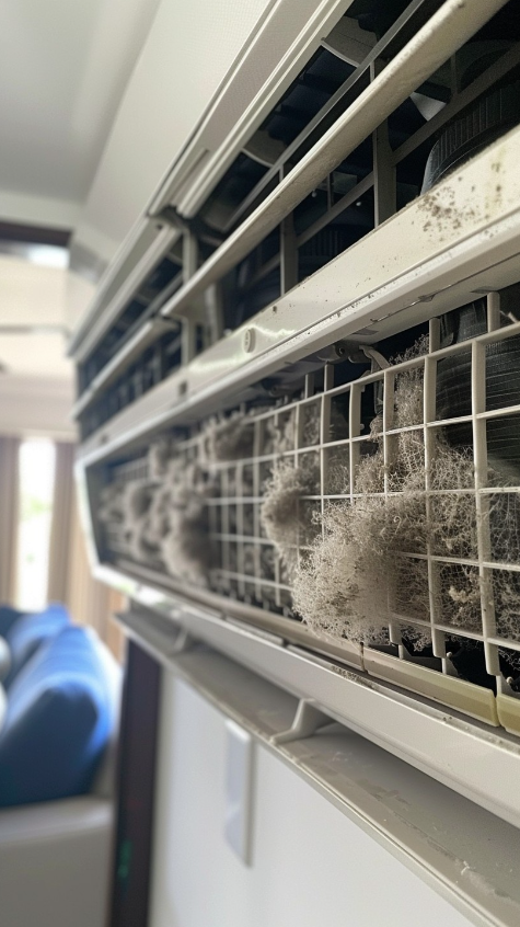 Close-up of a dirty air filter filled with dust and debris in an air conditioning unit.