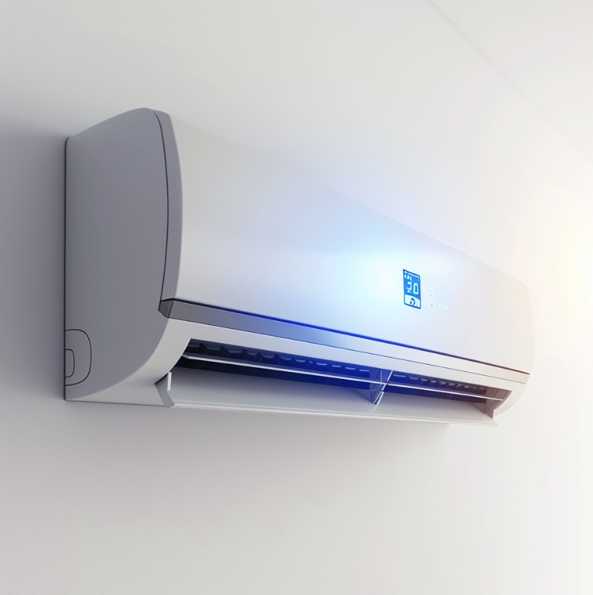 A wall-mounted air conditioning unit operating in a room.