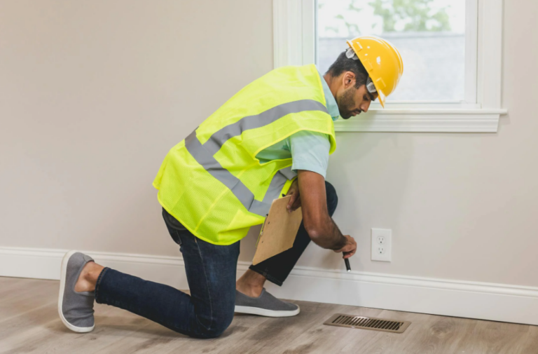 Home inspector checking a wall near a floor vent.